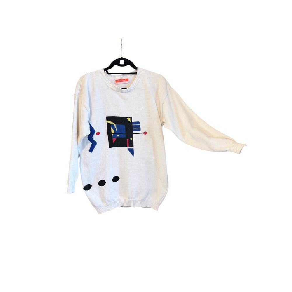 Vintage 80s Rene Derhy! White sweater with geometric print cotton blend medium